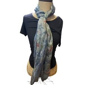 Elegant Blue Silk Batik Scarf with Fringe 75x22 inches